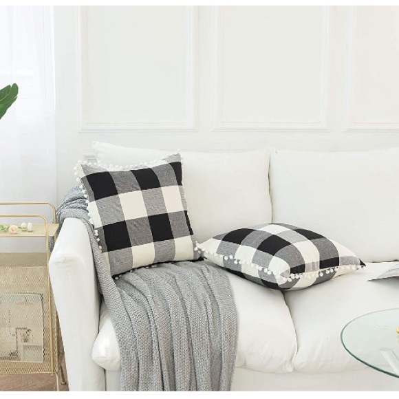 Classic Black/White Gingham Pompom Farmhouse Preppy Throw Pillow Cover Twin Set - Picture 2 of 10